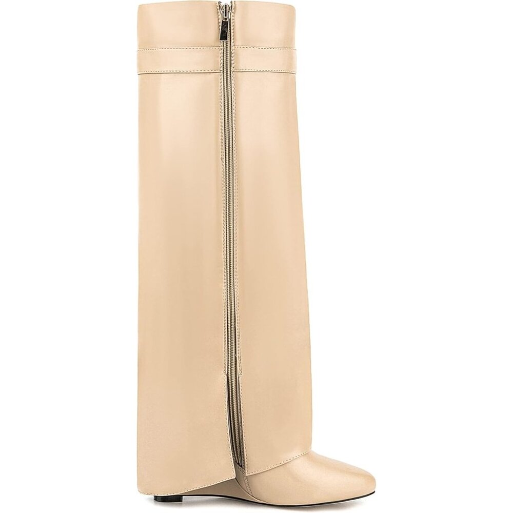 Women's Beige Pointy- Pull Fold Over Wedge Knee Side Zipper Padlock Boot Heel - Picture 2 of 5